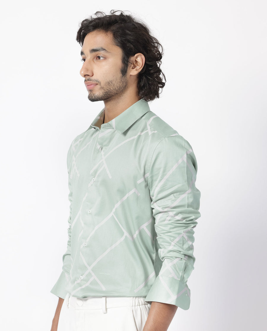 Rare Rabbit Men's Cagen Pastel Green Cotton Geometric Print Regular Fit Full Sleeve Collared Shirt