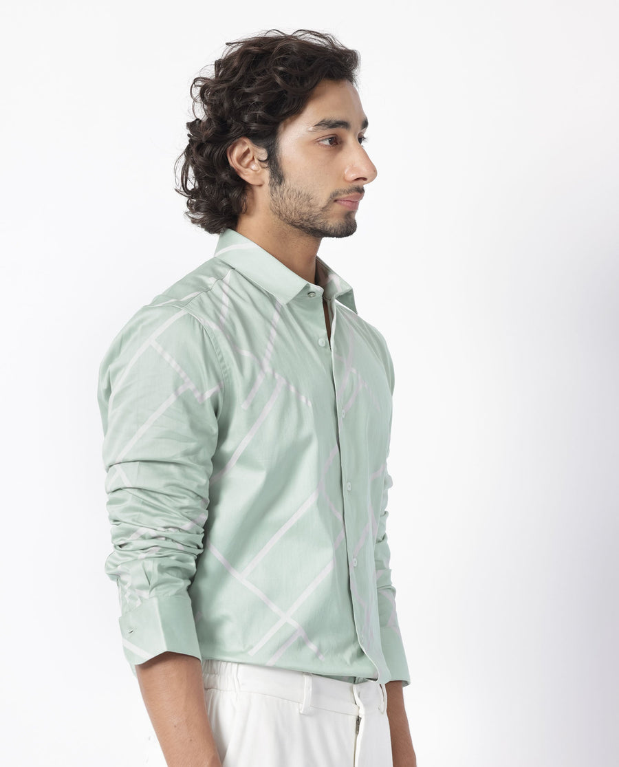 Rare Rabbit Men's Cagen Pastel Green Cotton Geometric Print Regular Fit Full Sleeve Collared Shirt