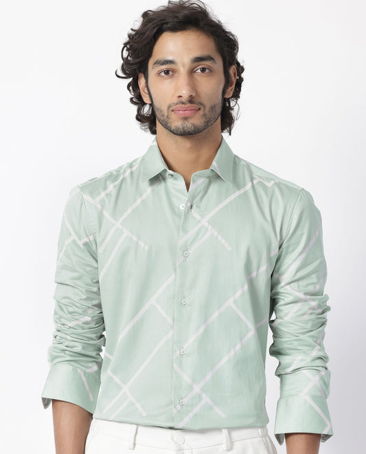 Rare Rabbit Men's Cagen Pastel Green Cotton Geometric Print Regular Fit Full Sleeve Collared Shirt