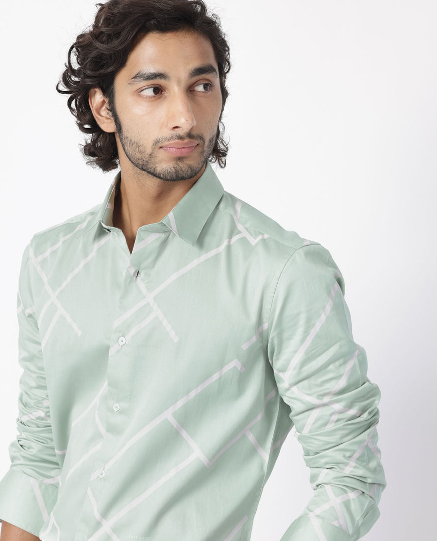 Rare Rabbit Men's Cagen Pastel Green Cotton Geometric Print Regular Fit Full Sleeve Collared Shirt