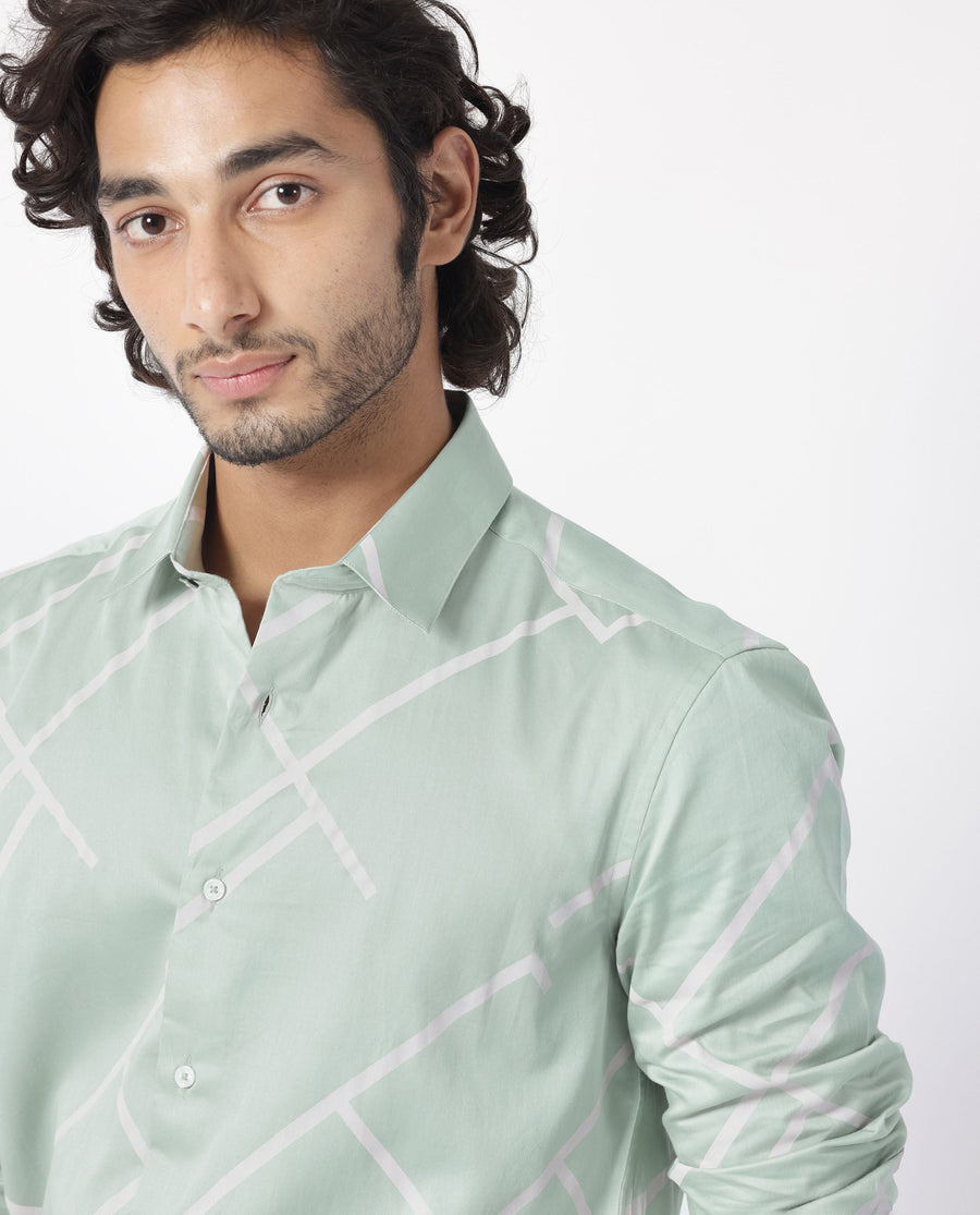 Rare Rabbit Men's Cagen Pastel Green Cotton Geometric Print Regular Fit Full Sleeve Collared Shirt
