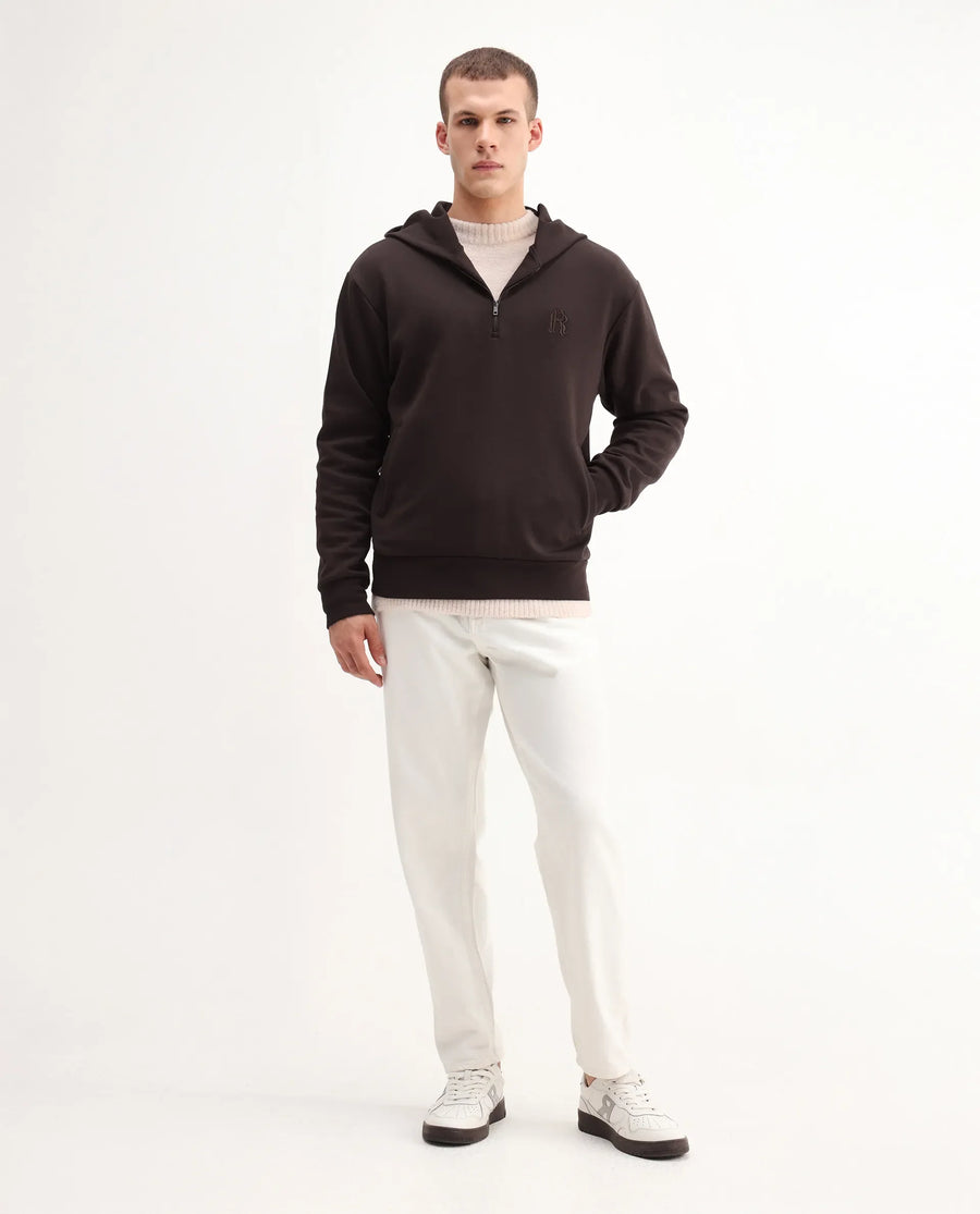 Rare Rabbit Men's Caig Dark Brown Cotton Blend Printed Regular Fit Full Sleeve Hooded Sweatshirt