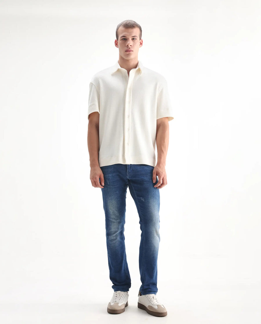 Rare Rabbit Men's Calca Blue Cotton Plain Hawk Slim Fit Jeans