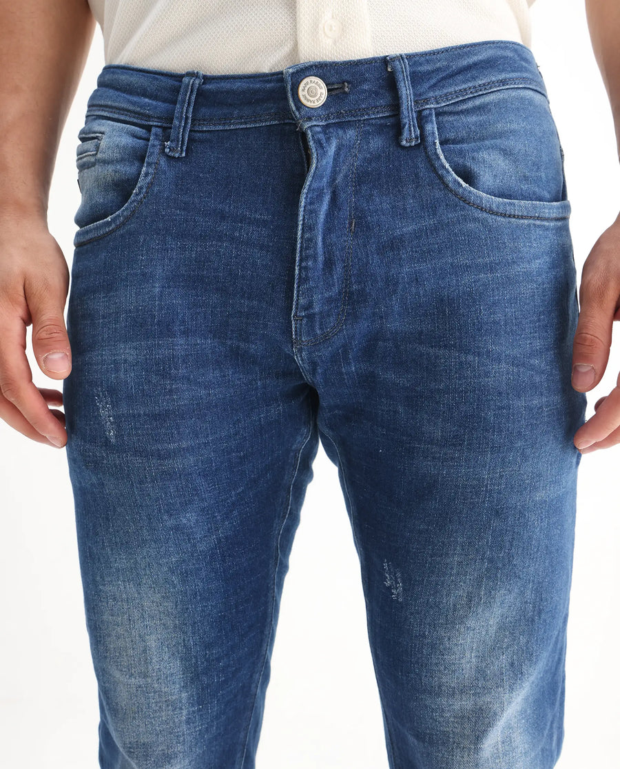 Rare Rabbit Men's Calca Blue Cotton Plain Hawk Slim Fit Jeans