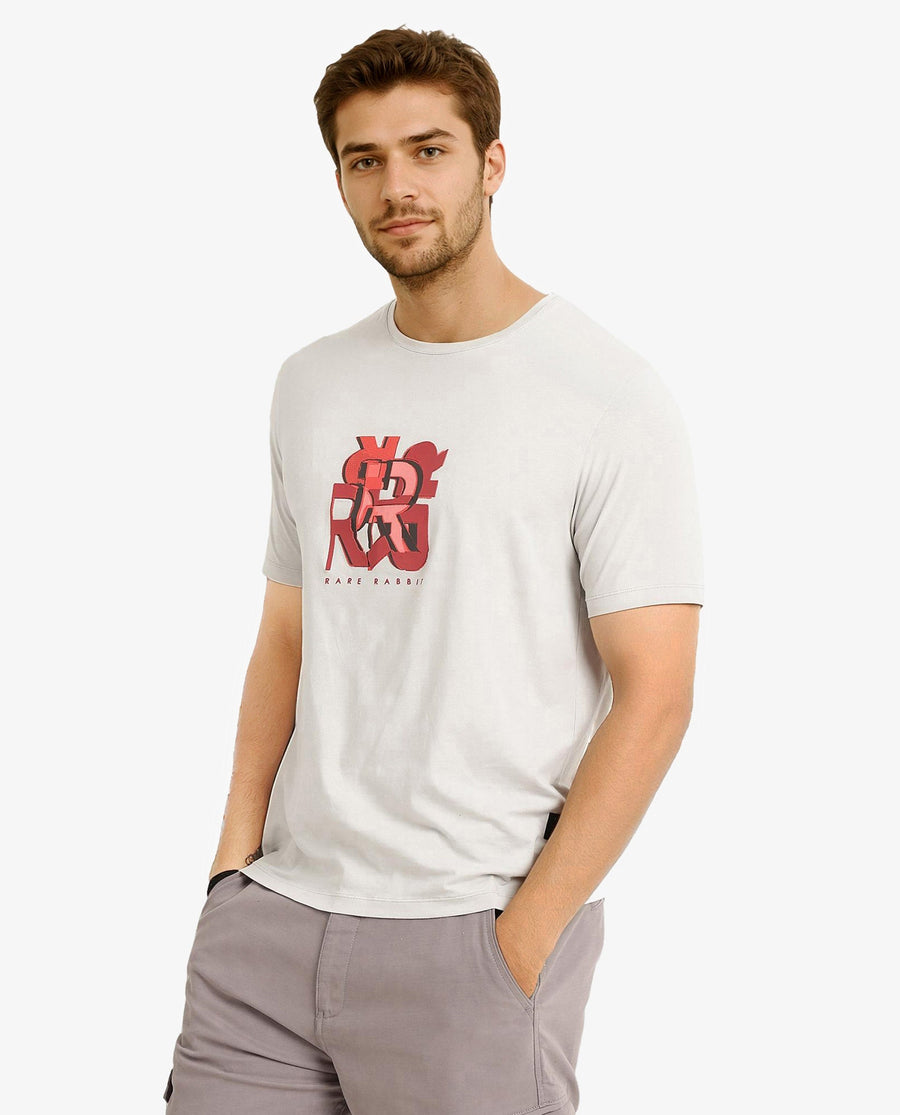 Rare Rabbit Men's Caleb Light Grey Cotton Graphic Print Regular Fit Half Sleeve Crew Neck T-Shirt