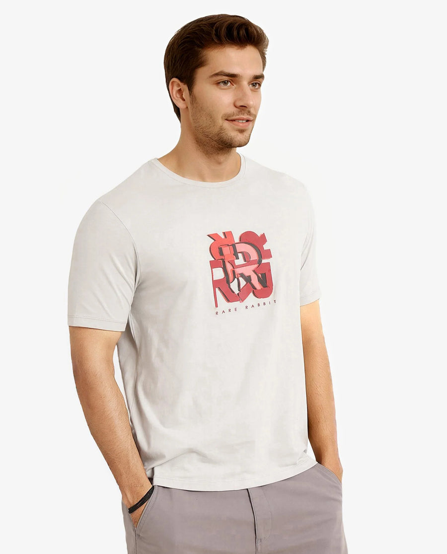 Rare Rabbit Men's Caleb Light Grey Cotton Graphic Print Regular Fit Half Sleeve Crew Neck T-Shirt