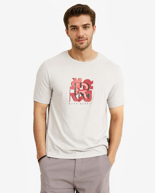 Rare Rabbit Men's Caleb Light Grey Cotton Graphic Print Regular Fit Half Sleeve Crew Neck T-Shirt