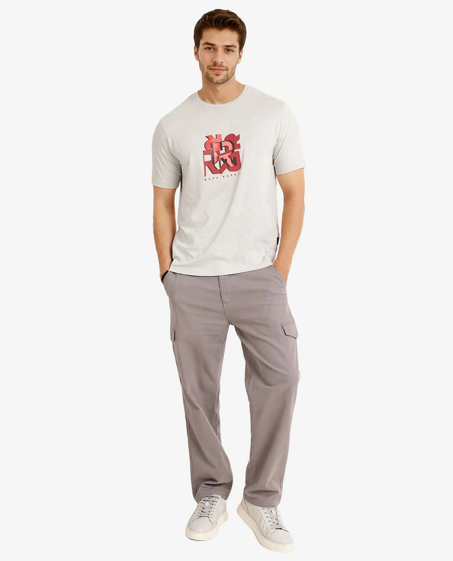 Rare Rabbit Men's Caleb Light Grey Cotton Graphic Print Regular Fit Half Sleeve Crew Neck T-Shirt
