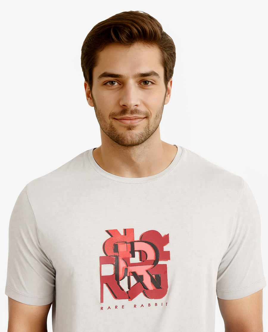 Rare Rabbit Men's Caleb Light Grey Cotton Graphic Print Regular Fit Half Sleeve Crew Neck T-Shirt