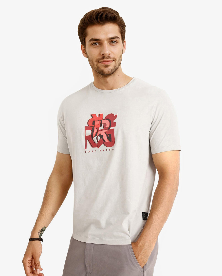 Rare Rabbit Men's Caleb Light Grey Cotton Graphic Print Regular Fit Half Sleeve Crew Neck T-Shirt