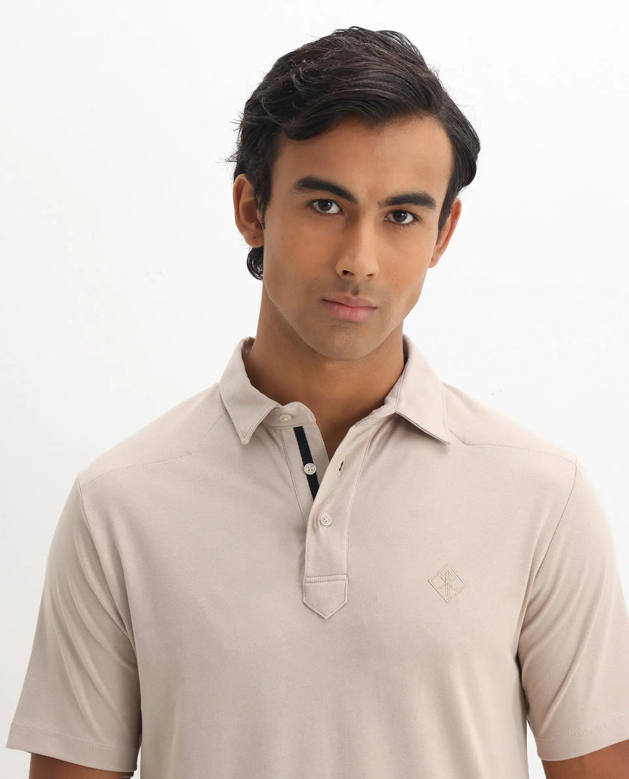 Rare Rabbit Men's Calix Beige Embroidered Regular Fit Half Sleeve Polo