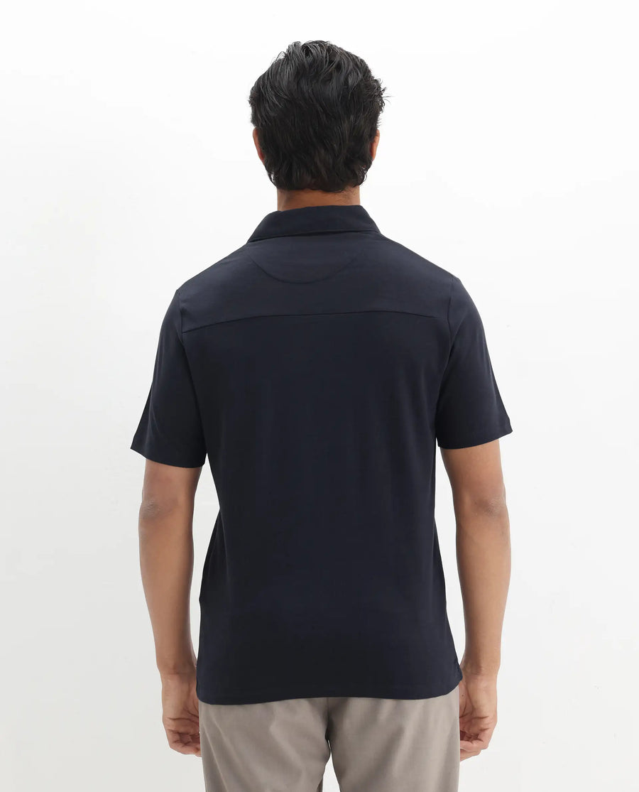 Rare Rabbit Men's Calix Navy Cotton Embroidered Regular Fit Half Sleeve Polo