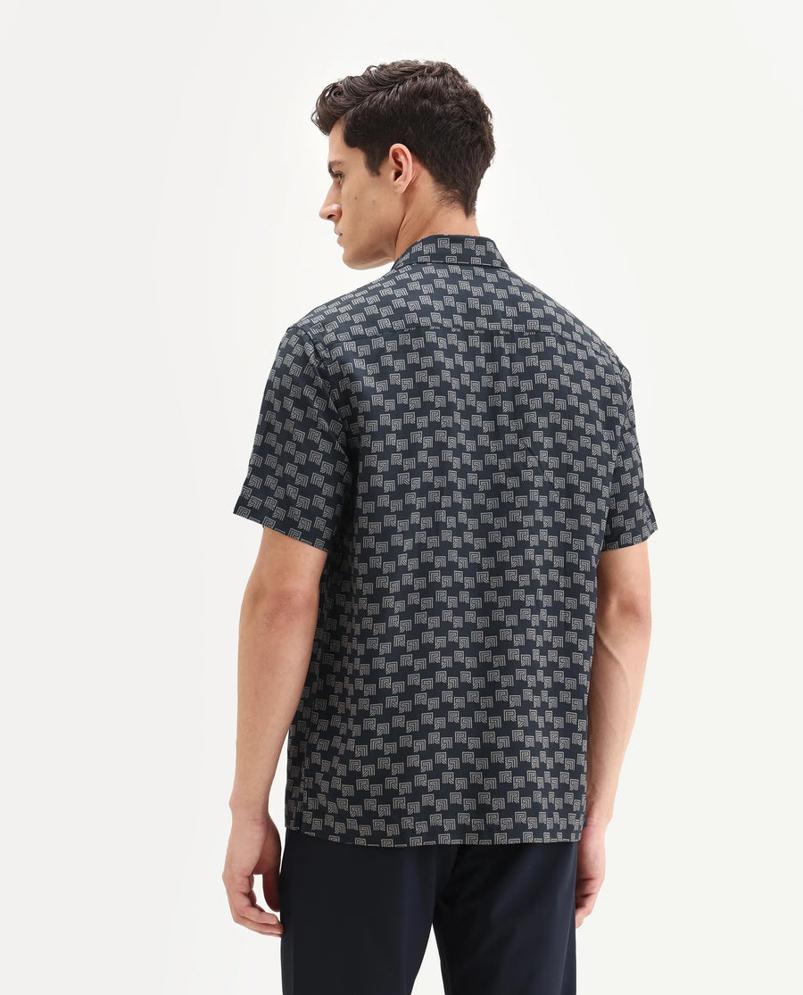 Rare Rabbit Men's Calo-25 Navy Cotton Blend Monogram Print Boxy Fit Half Sleeve Collared Shirt