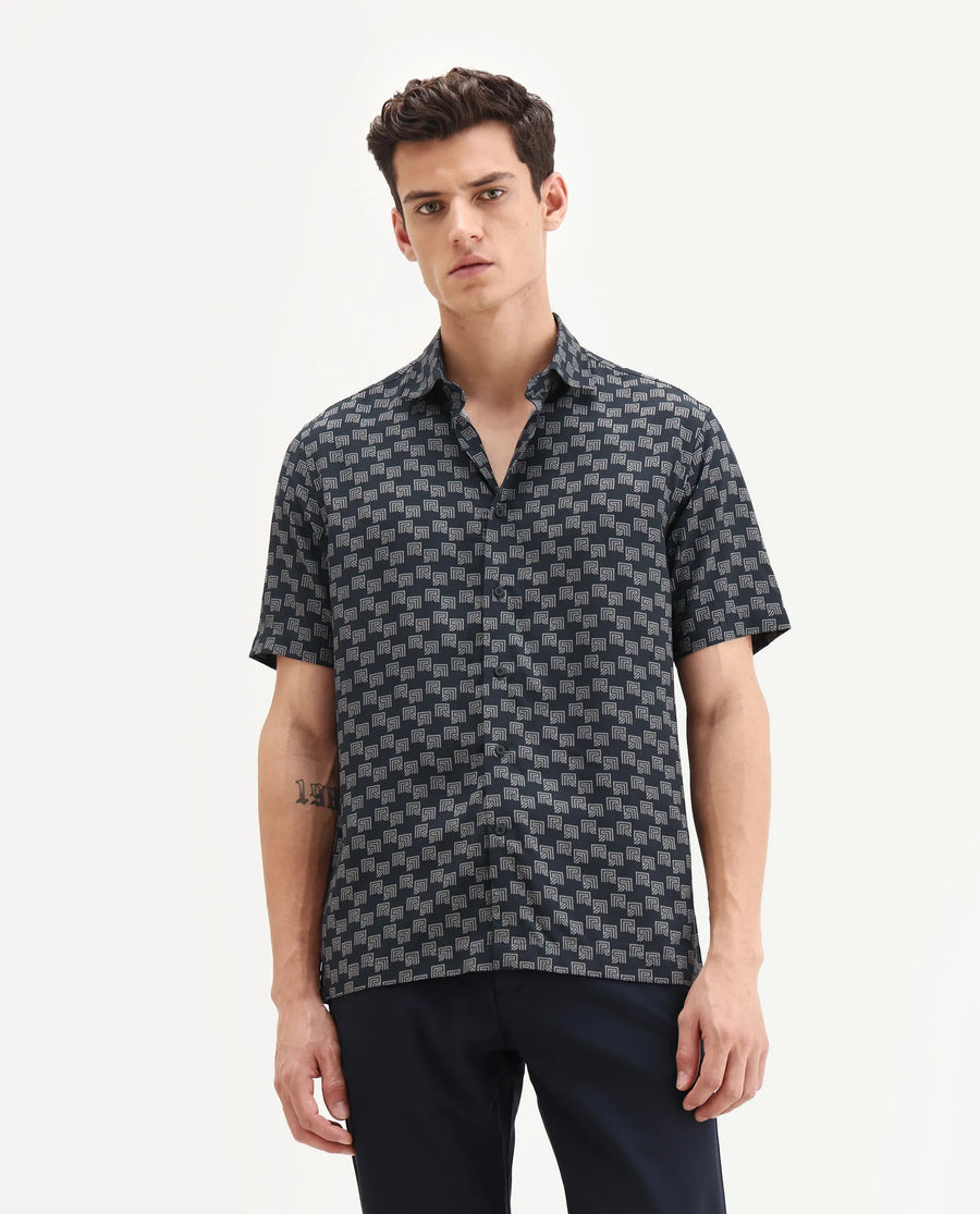 Rare Rabbit Men's Calo-25 Navy Cotton Blend Monogram Print Boxy Fit Half Sleeve Collared Shirt