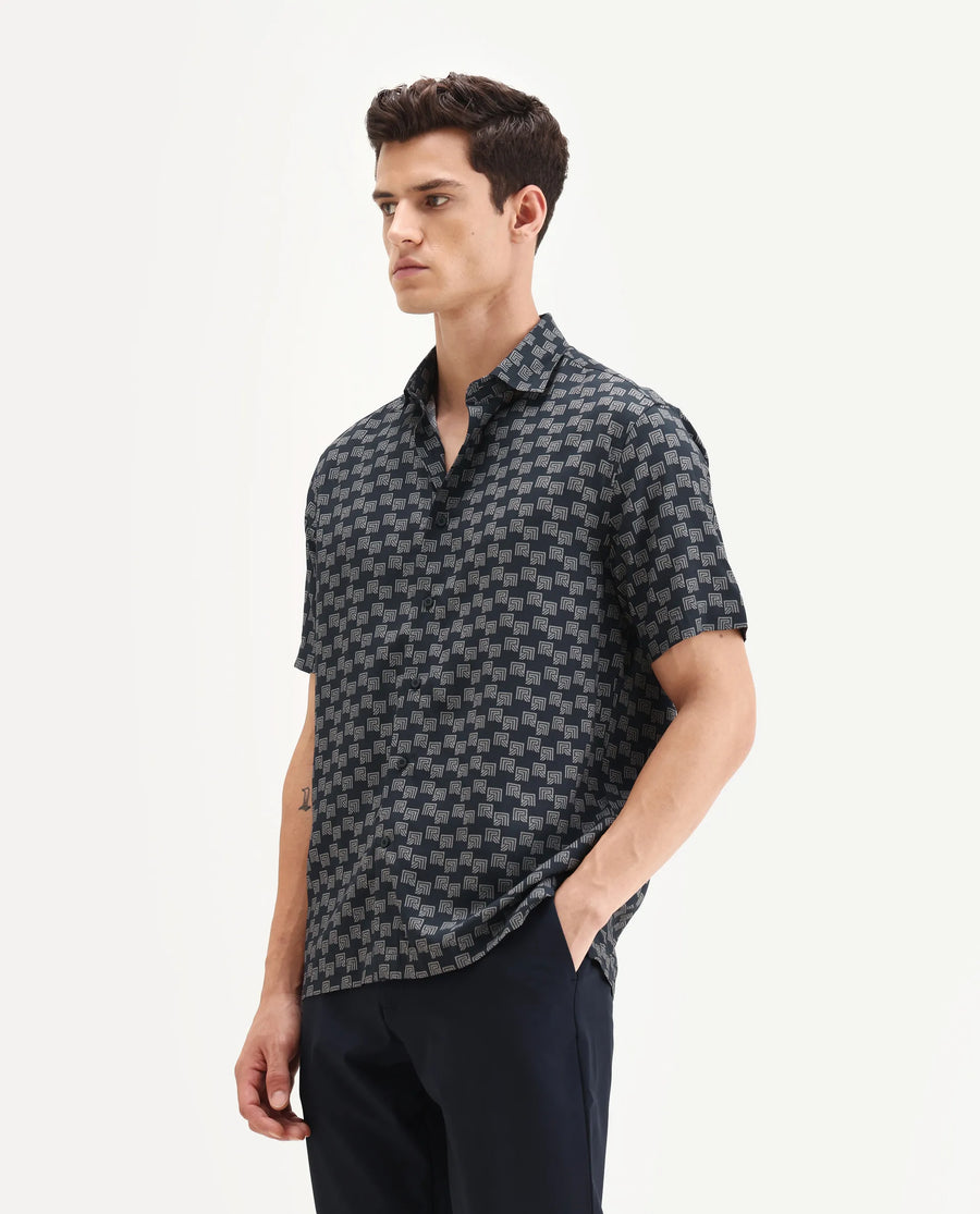 Rare Rabbit Men's Calo-25 Navy Cotton Blend Monogram Print Boxy Fit Half Sleeve Collared Shirt