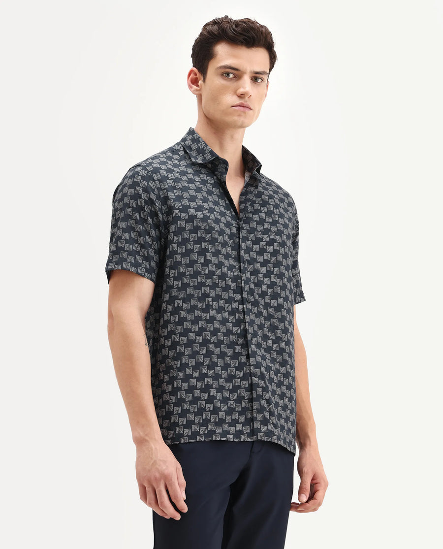 Rare Rabbit Men's Calo-25 Navy Cotton Blend Monogram Print Boxy Fit Half Sleeve Collared Shirt