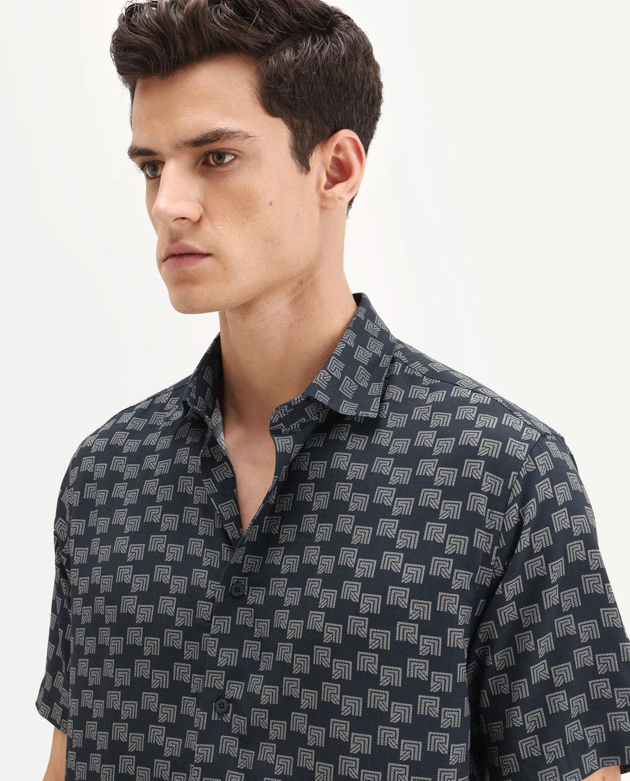Rare Rabbit Men's Calo-25 Navy Cotton Blend Monogram Print Boxy Fit Half Sleeve Collared Shirt
