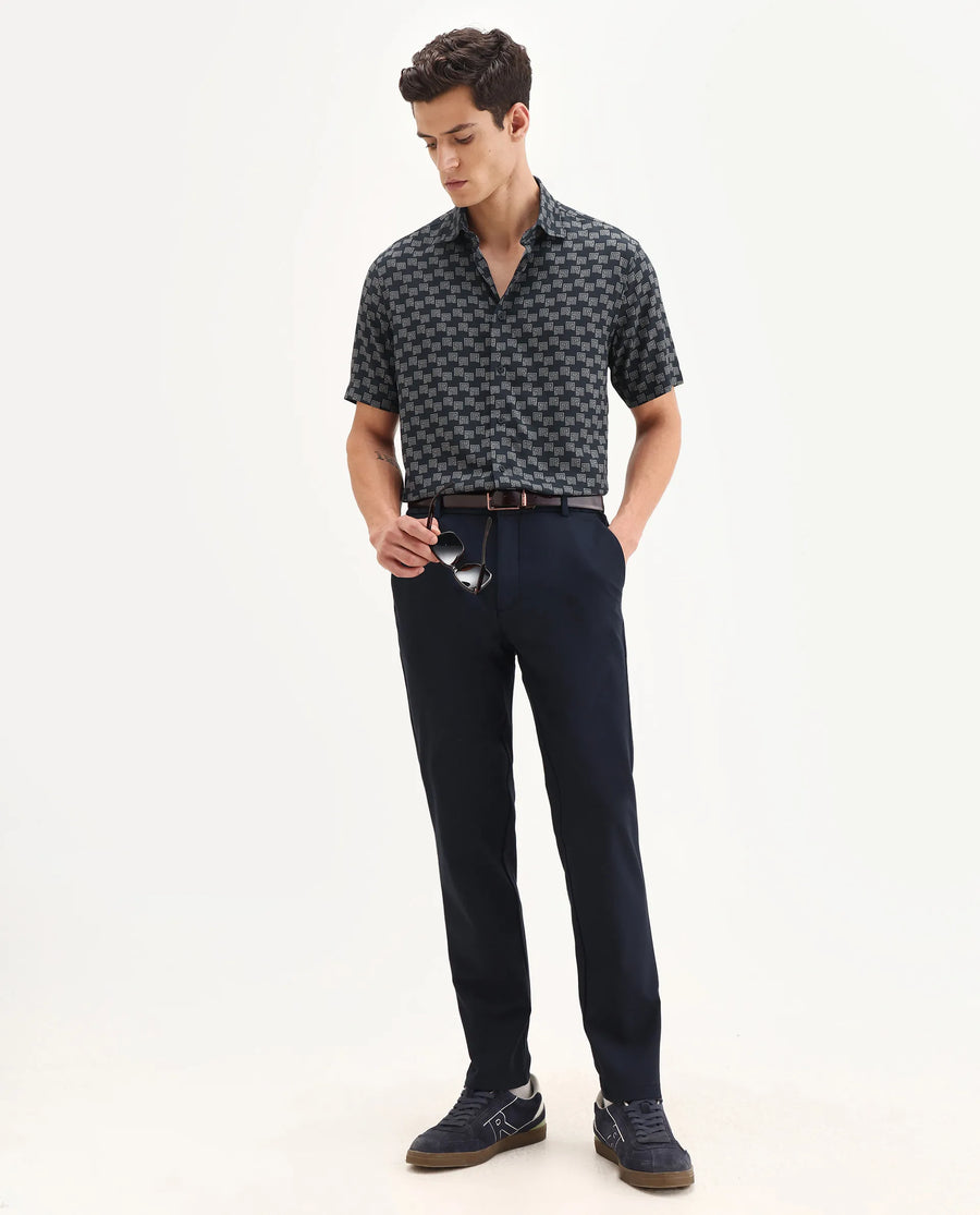Rare Rabbit Men's Calo-25 Navy Cotton Blend Monogram Print Boxy Fit Half Sleeve Collared Shirt
