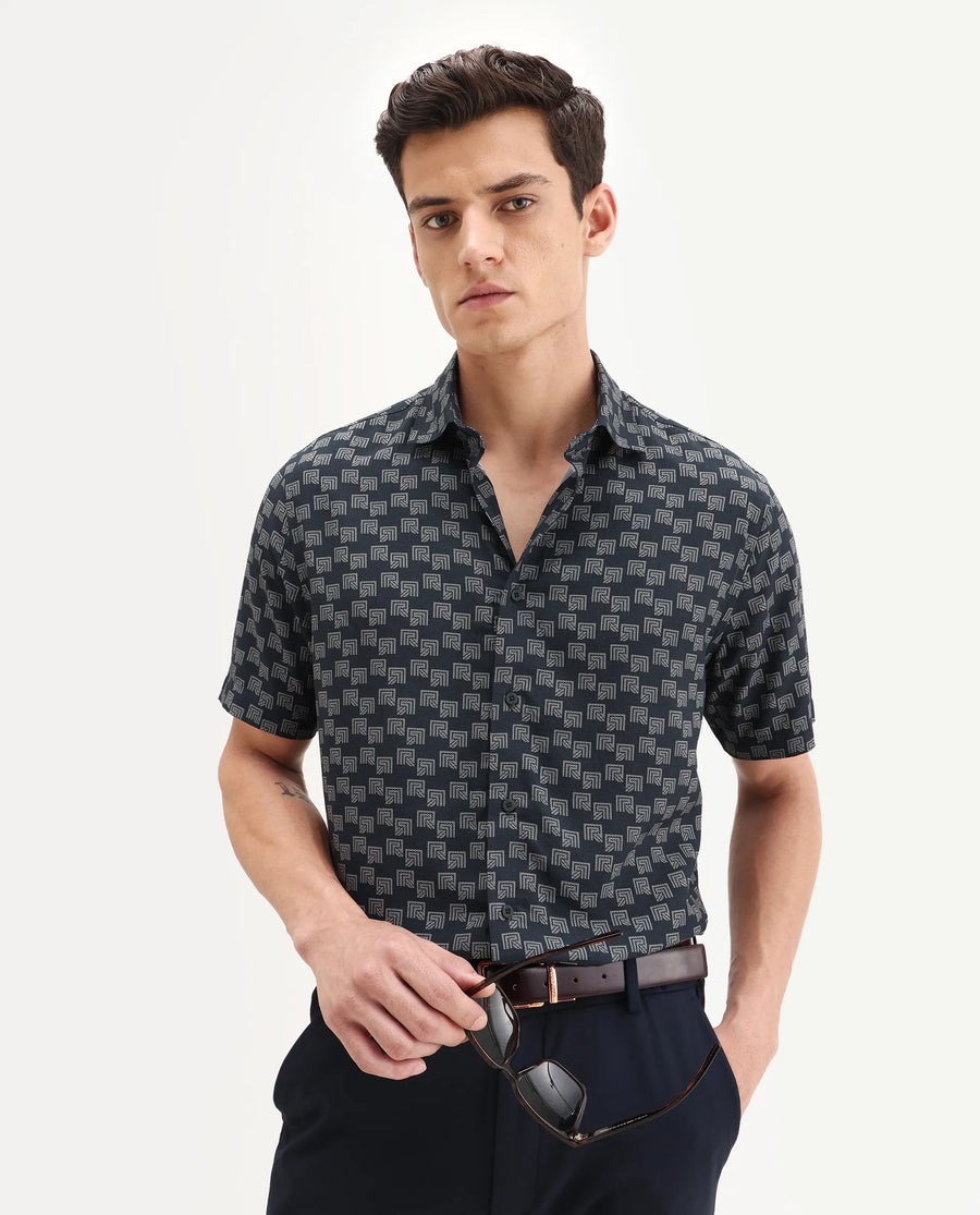 Rare Rabbit Men's Calo-25 Navy Cotton Blend Monogram Print Boxy Fit Half Sleeve Collared Shirt