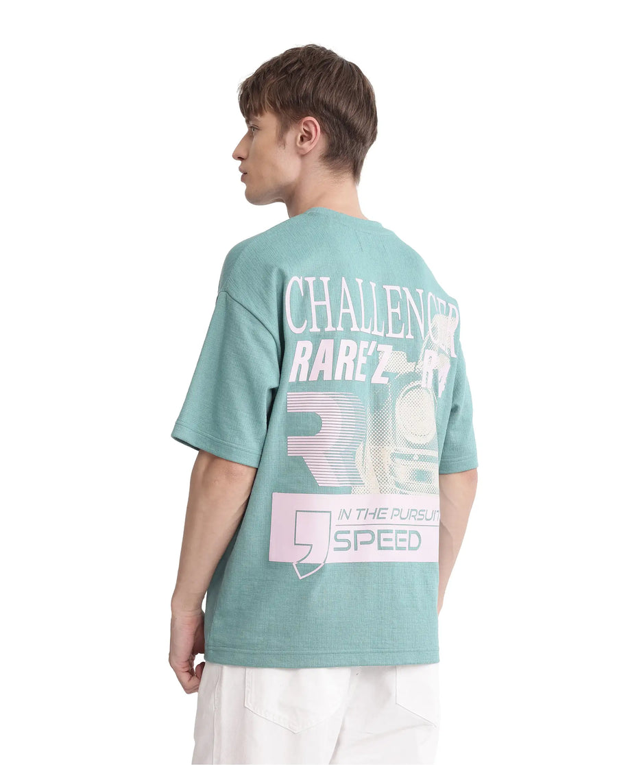 Rare Rabbit Men's Calro Dusky Green Cotton Blend Graphic Print Oversized Fit Half Sleeve Crew Neck T-Shirt