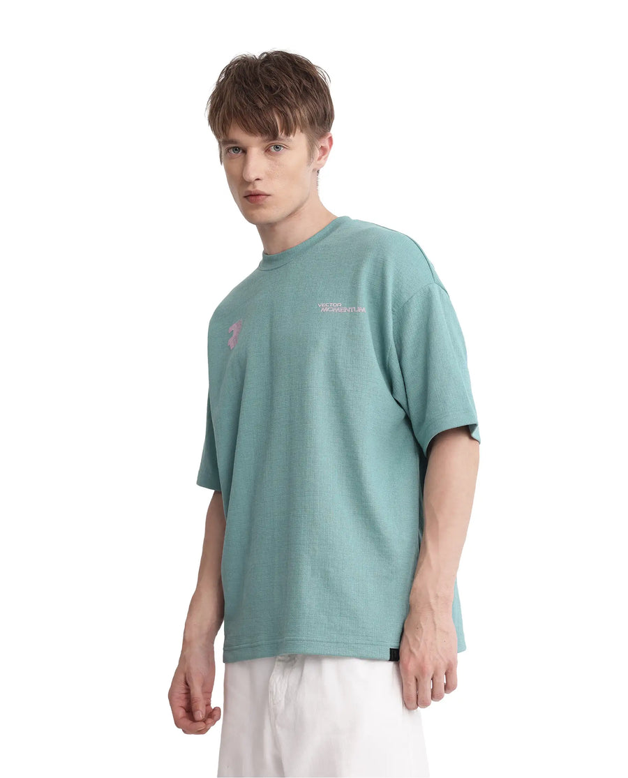 Rare Rabbit Men's Calro Dusky Green Cotton Blend Graphic Print Oversized Fit Half Sleeve Crew Neck T-Shirt