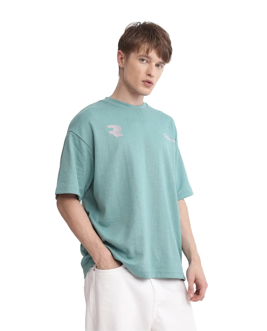 Rare Rabbit Men's Calro Dusky Green Cotton Blend Graphic Print Oversized Fit Half Sleeve Crew Neck T-Shirt