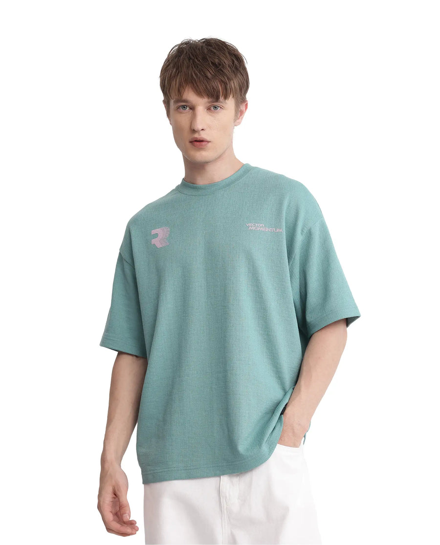 Rare Rabbit Men's Calro Dusky Green Cotton Blend Graphic Print Oversized Fit Half Sleeve Crew Neck T-Shirt