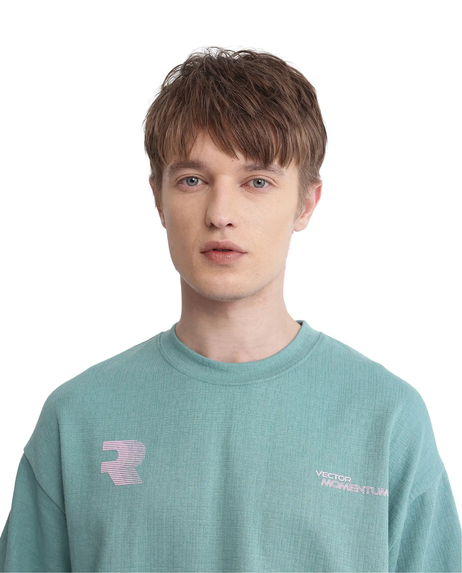 Rare Rabbit Men's Calro Dusky Green Cotton Blend Graphic Print Oversized Fit Half Sleeve Crew Neck T-Shirt