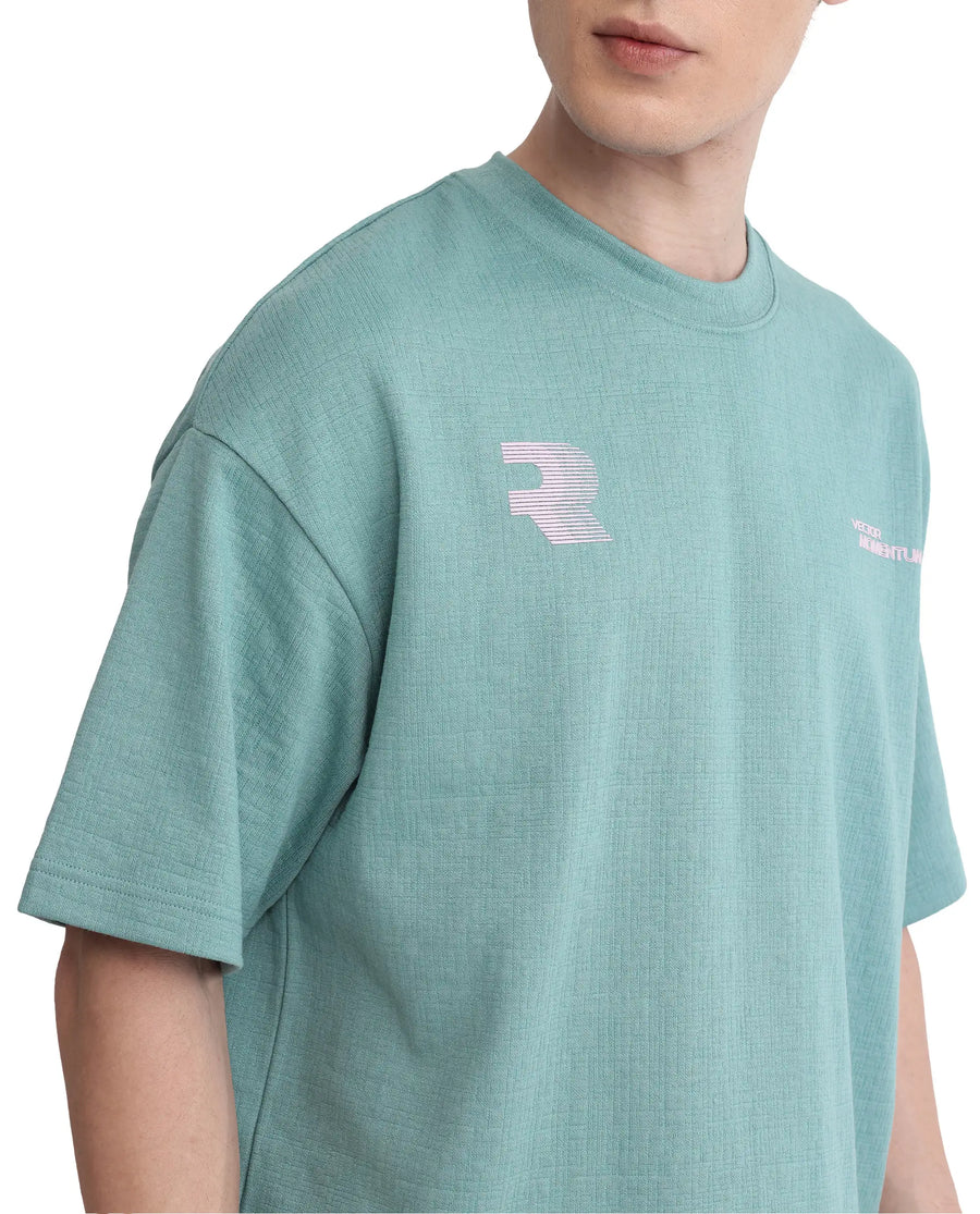 Rare Rabbit Men's Calro Dusky Green Cotton Blend Graphic Print Oversized Fit Half Sleeve Crew Neck T-Shirt