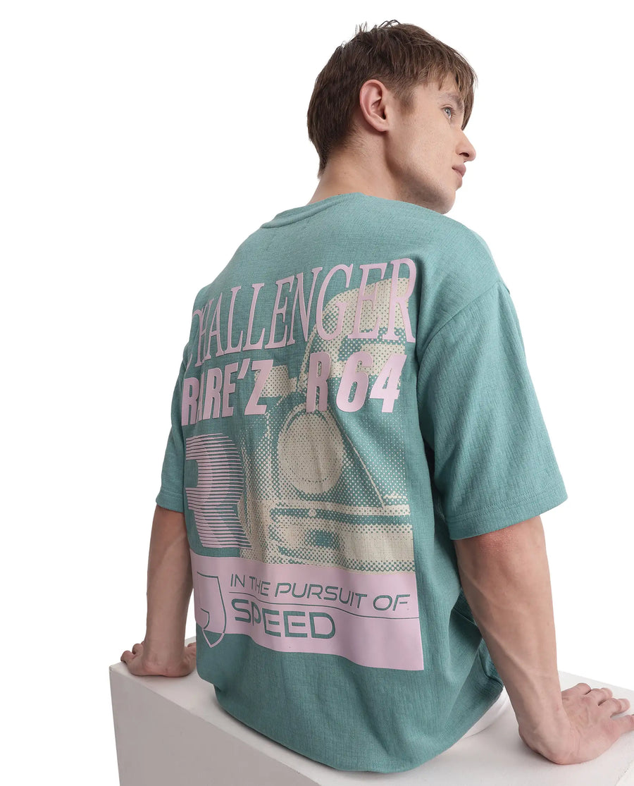 Rare Rabbit Men's Calro Dusky Green Cotton Blend Graphic Print Oversized Fit Half Sleeve Crew Neck T-Shirt