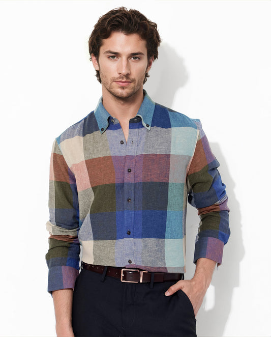 Rare Rabbit Men's Calum Multi Cotton Checked Print Regular Fit Full Sleeve Collared Shirt