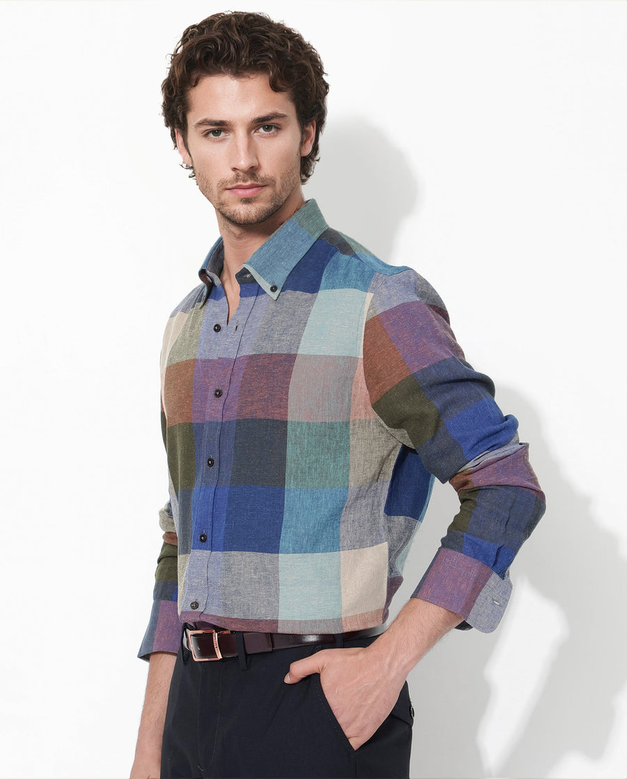 Rare Rabbit Men's Calum Multi Cotton Checked Print Regular Fit Full Sleeve Collared Shirt