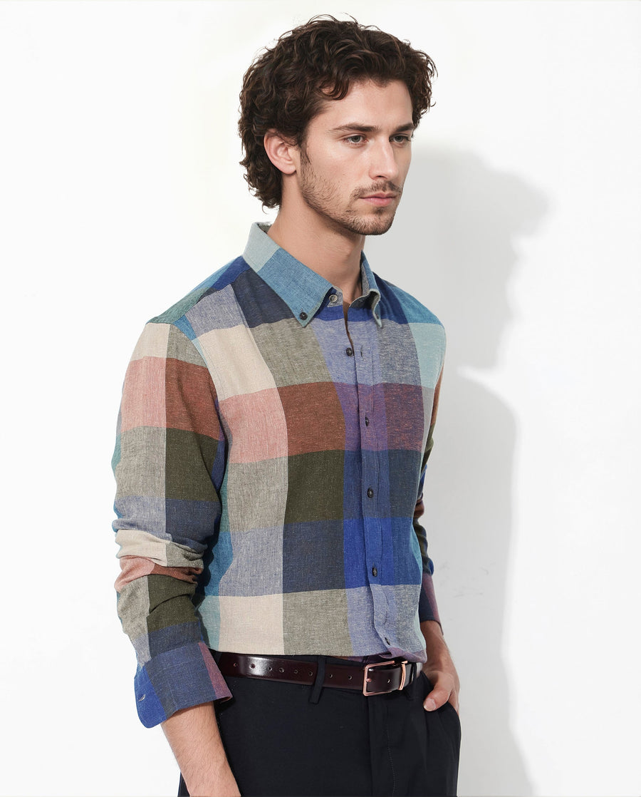 Rare Rabbit Men's Calum Multi Cotton Checked Print Regular Fit Full Sleeve Collared Shirt