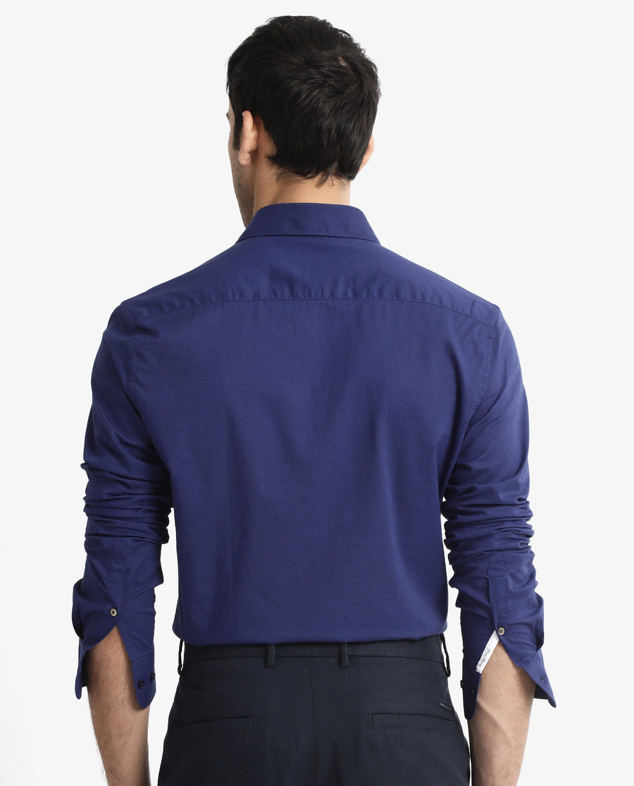 Rare Rabbit Men's Cambroc Dark Blue Cotton Plain Regular Fit Full Sleeve Collared Shirt