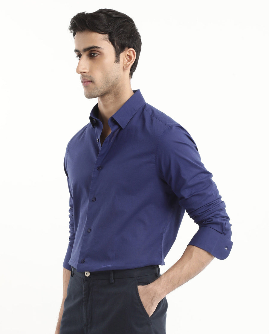 Rare Rabbit Men's Cambroc Dark Blue Cotton Plain Regular Fit Full Sleeve Collared Shirt