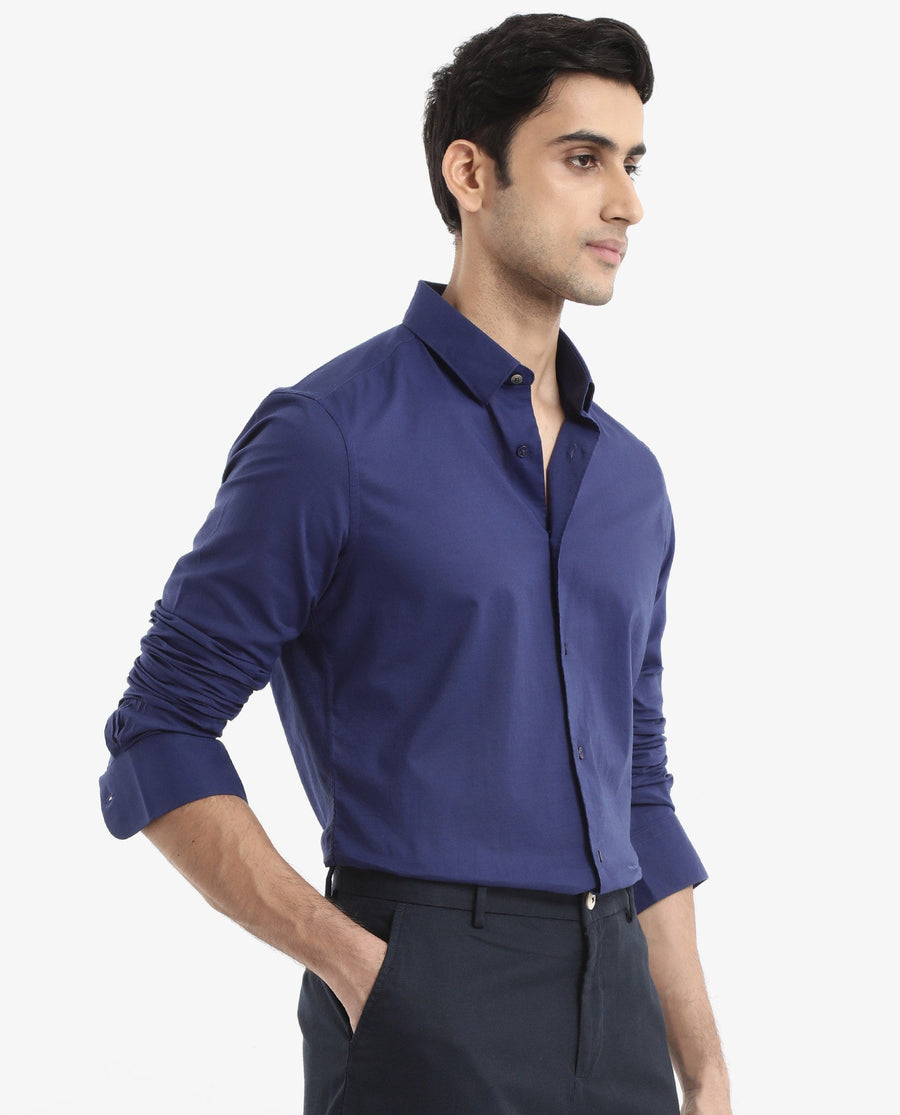 Rare Rabbit Men's Cambroc Dark Blue Cotton Plain Regular Fit Full Sleeve Collared Shirt