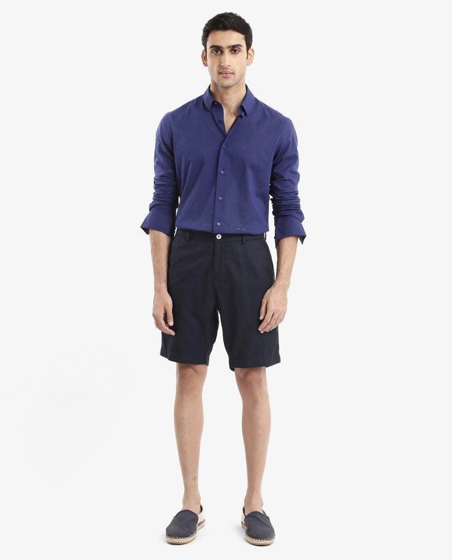 Rare Rabbit Men's Cambroc Dark Blue Cotton Plain Regular Fit Full Sleeve Collared Shirt