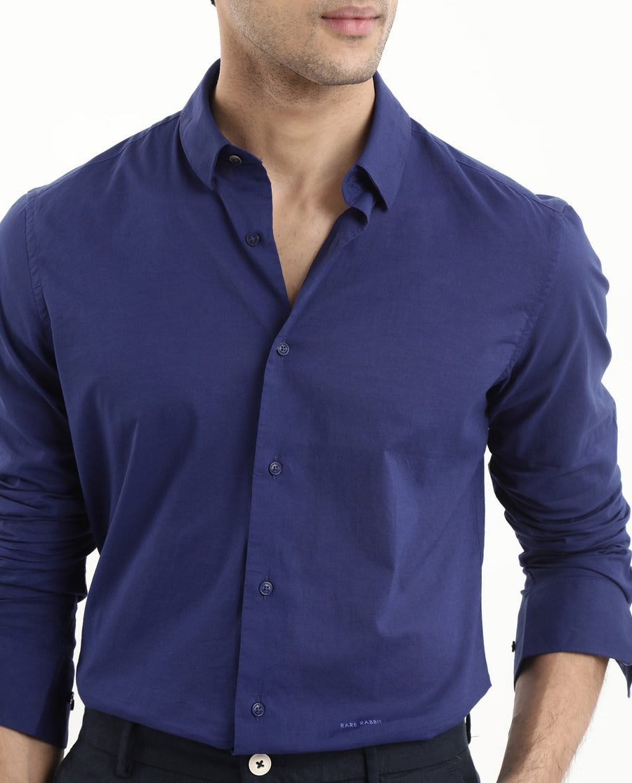 Rare Rabbit Men's Cambroc Dark Blue Cotton Plain Regular Fit Full Sleeve Collared Shirt