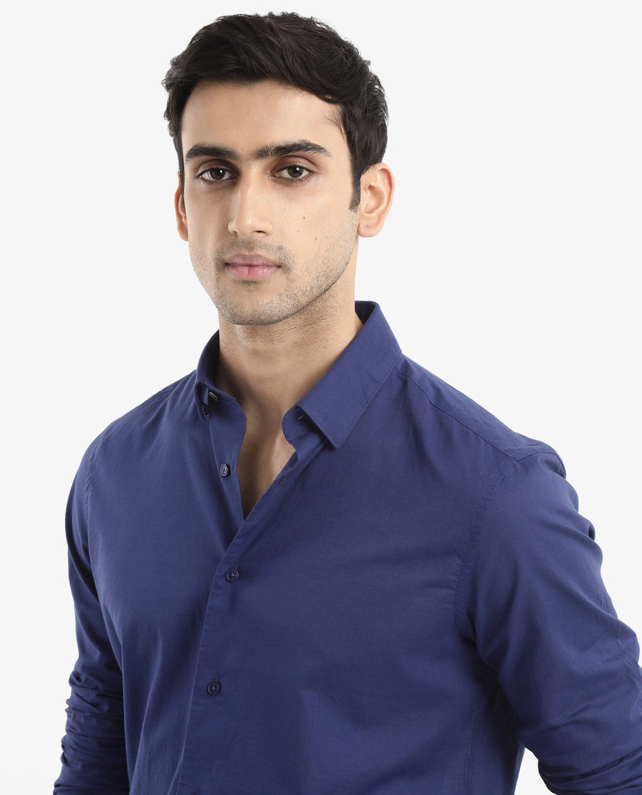 Rare Rabbit Men's Cambroc Dark Blue Cotton Plain Regular Fit Full Sleeve Collared Shirt