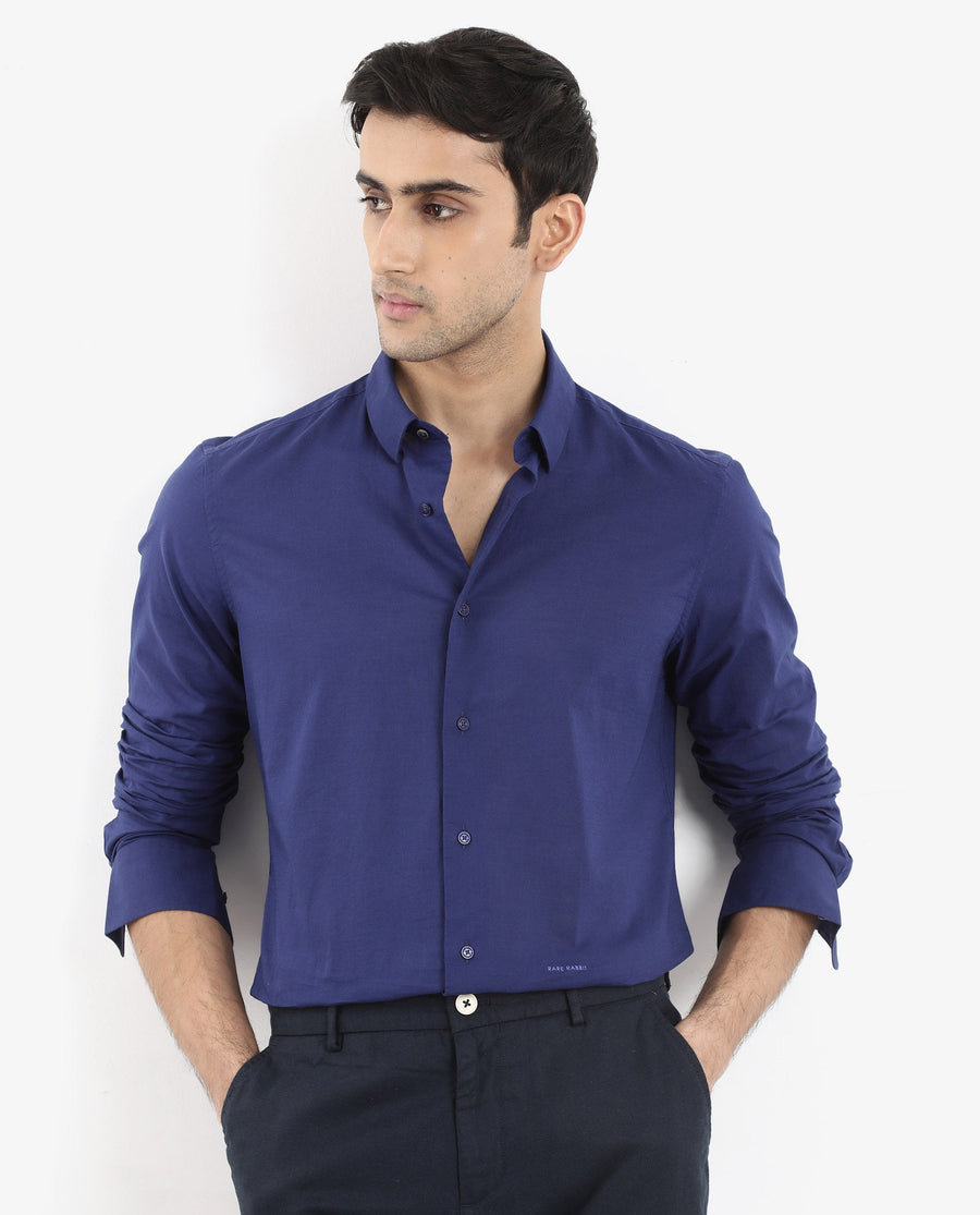 Rare Rabbit Men's Cambroc Dark Blue Cotton Plain Regular Fit Full Sleeve Collared Shirt
