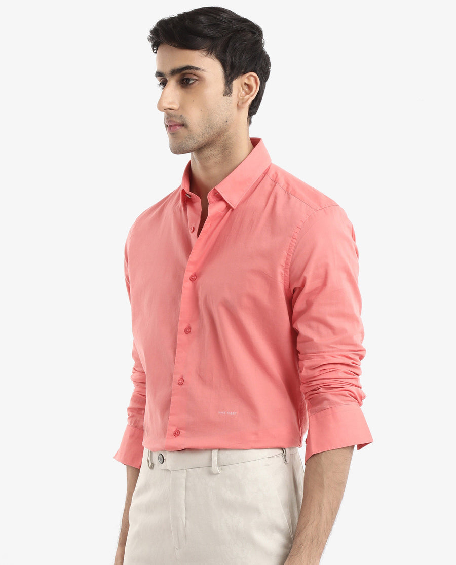 Rare Rabbit Men's Cambroc Flouroscent Orange Cotton Plain Regular Fit Full Sleeve Collared Shirt