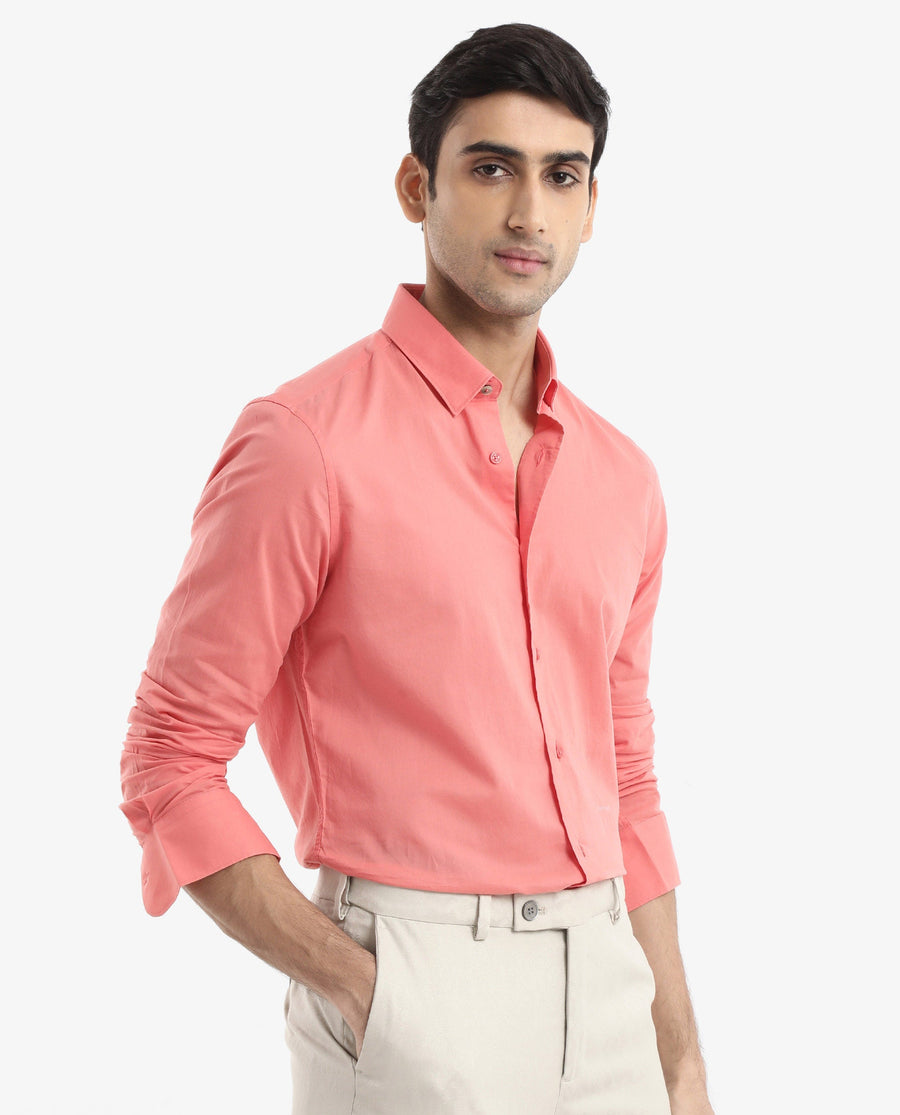 Rare Rabbit Men's Cambroc Flouroscent Orange Cotton Plain Regular Fit Full Sleeve Collared Shirt