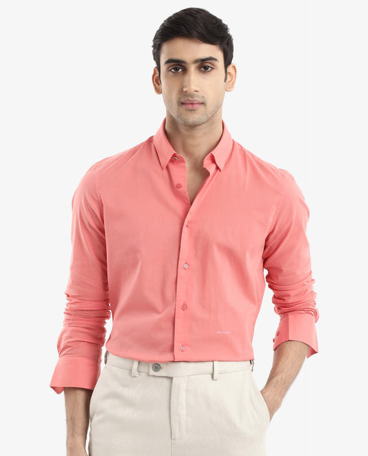 Rare Rabbit Men's Cambroc Flouroscent Orange Cotton Plain Regular Fit Full Sleeve Collared Shirt