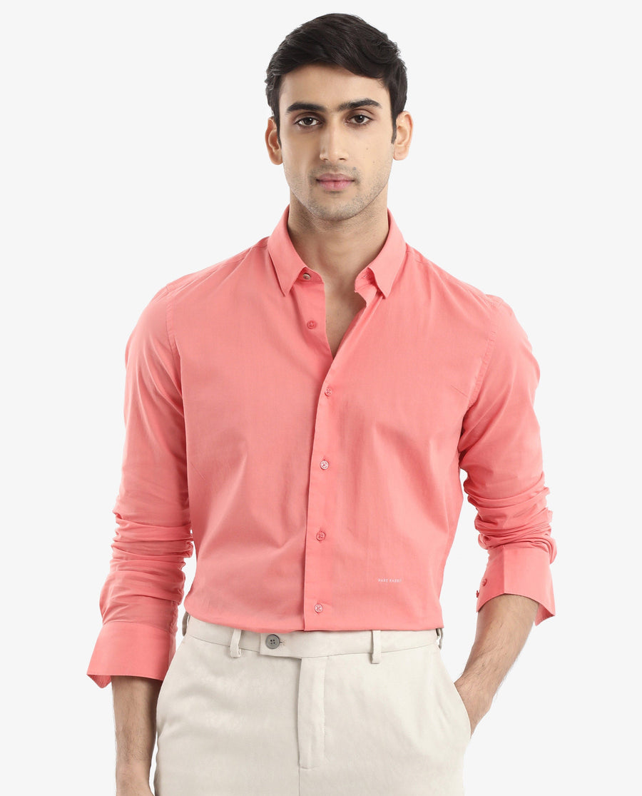 Rare Rabbit Men's Cambroc Flouroscent Orange Cotton Plain Regular Fit Full Sleeve Collared Shirt