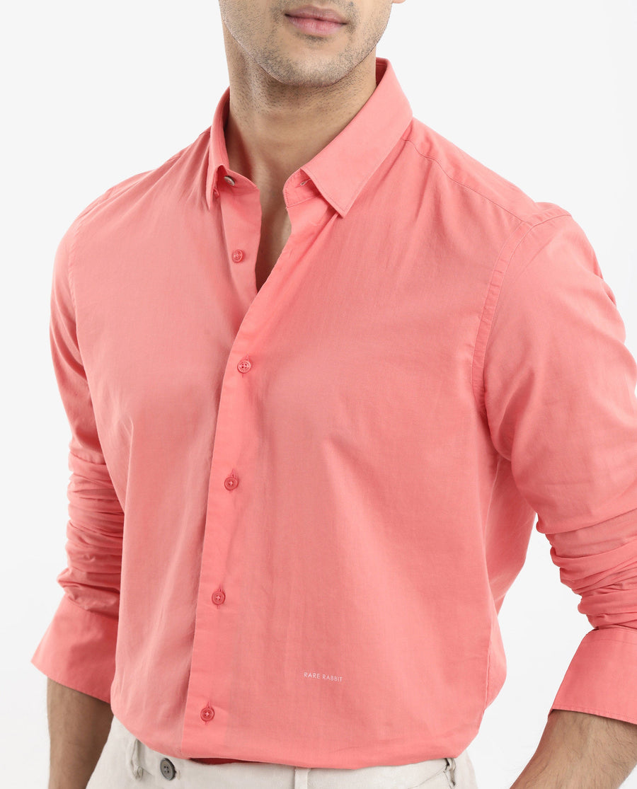 Rare Rabbit Men's Cambroc Flouroscent Orange Cotton Plain Regular Fit Full Sleeve Collared Shirt