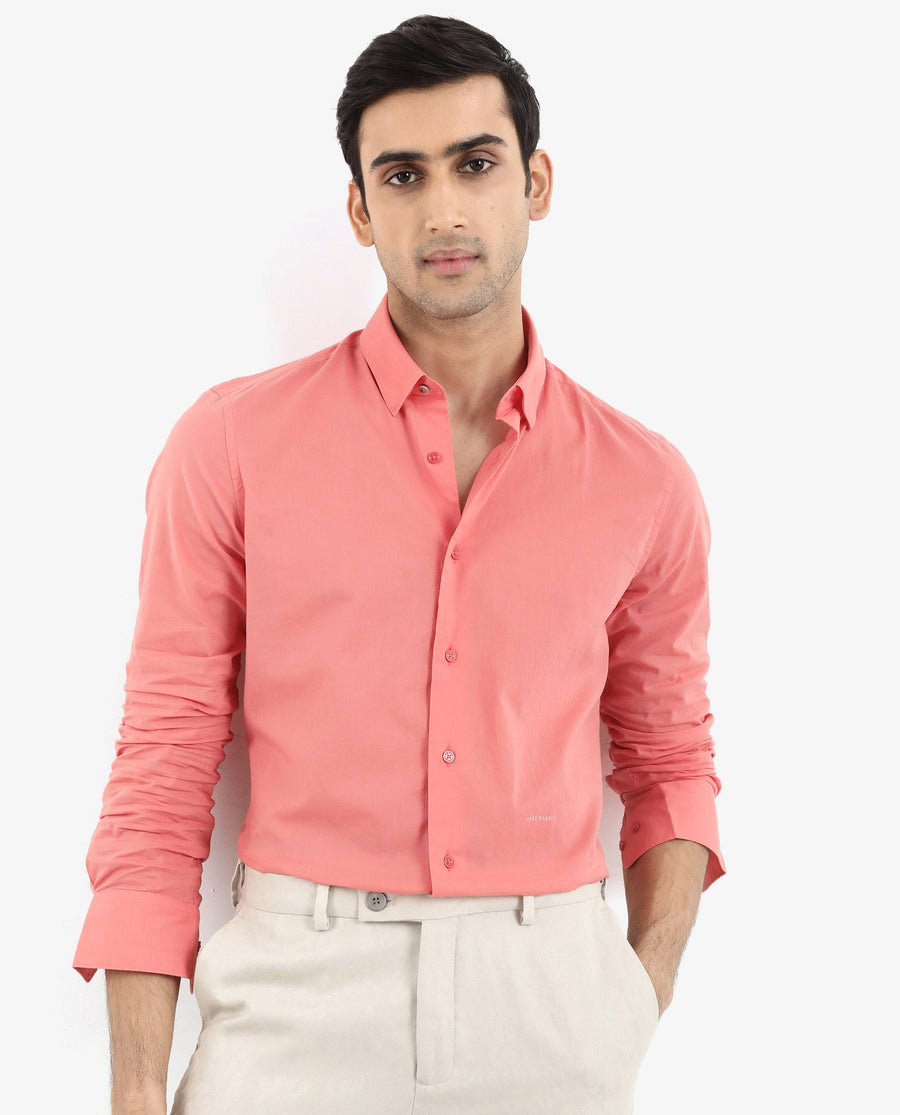 Rare Rabbit Men's Cambroc Flouroscent Orange Cotton Plain Regular Fit Full Sleeve Collared Shirt
