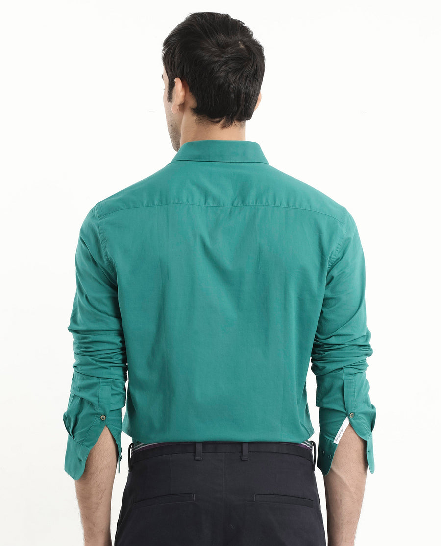 Rare Rabbit Men's Cambroc Teal Cotton Plain Regular Fit Full Sleeve Collared Shirt