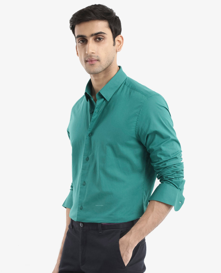 Rare Rabbit Men's Cambroc Teal Cotton Plain Regular Fit Full Sleeve Collared Shirt
