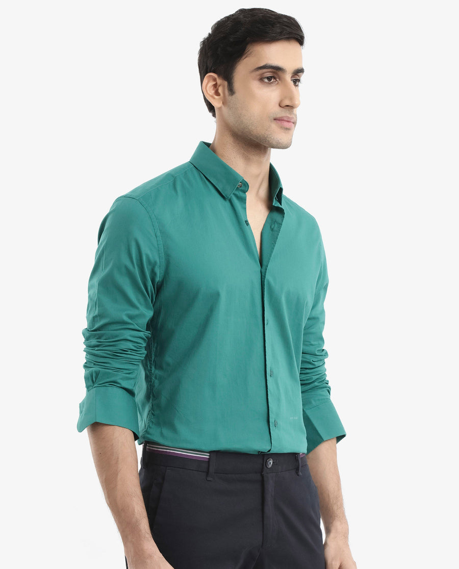 Rare Rabbit Men's Cambroc Teal Cotton Plain Regular Fit Full Sleeve Collared Shirt
