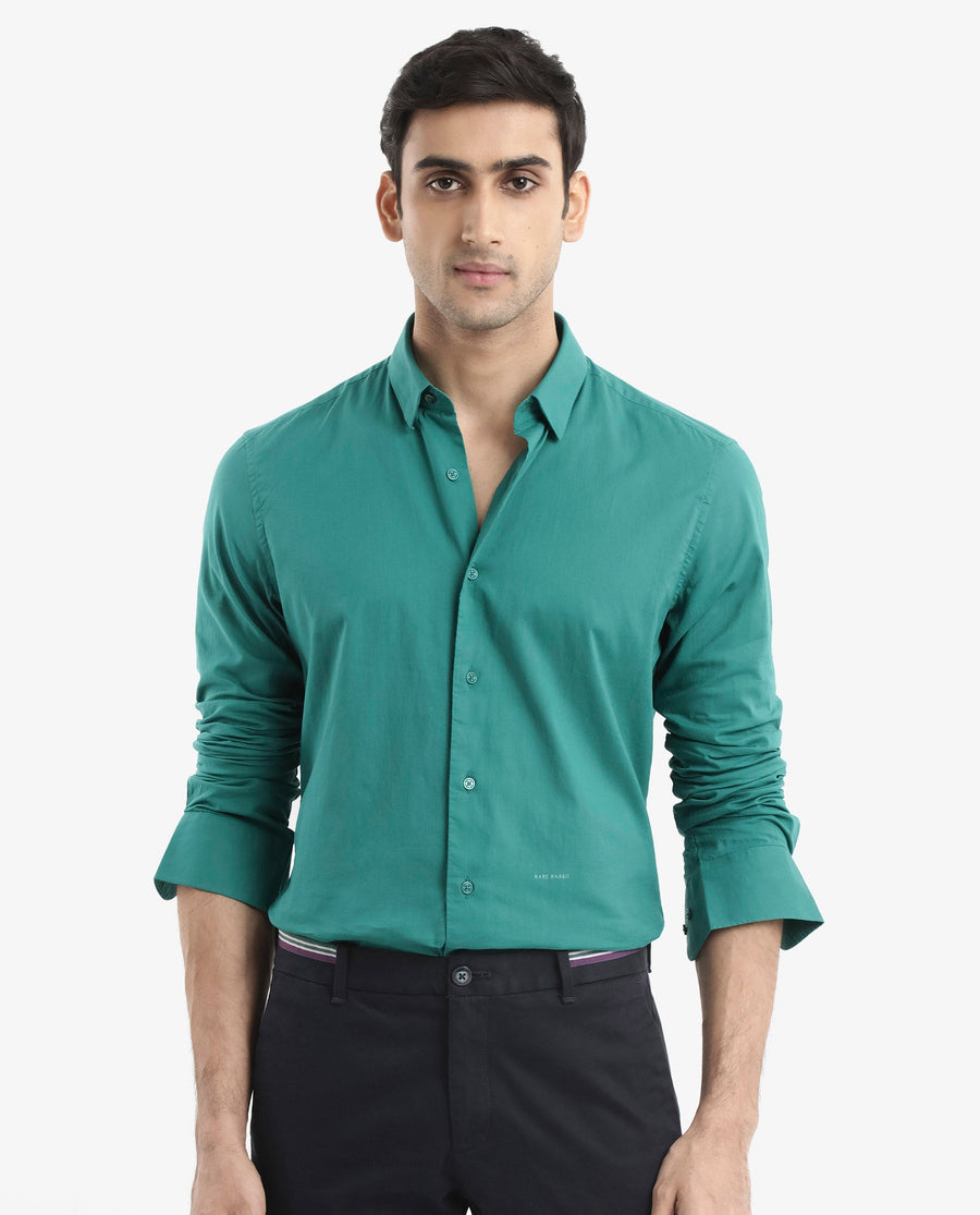 Rare Rabbit Men's Cambroc Teal Cotton Plain Regular Fit Full Sleeve Collared Shirt